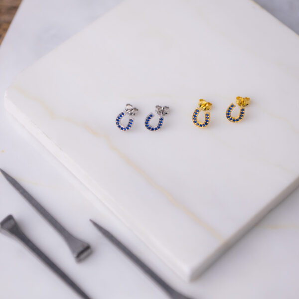 STERLING SILVER HORSESHOE EARRINGS WITH BLUE ZIRCON